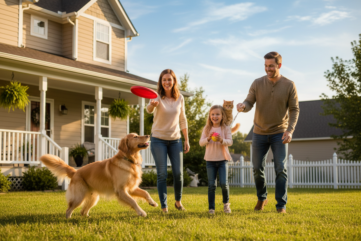 Family with dog, cat, and two kids in front yard